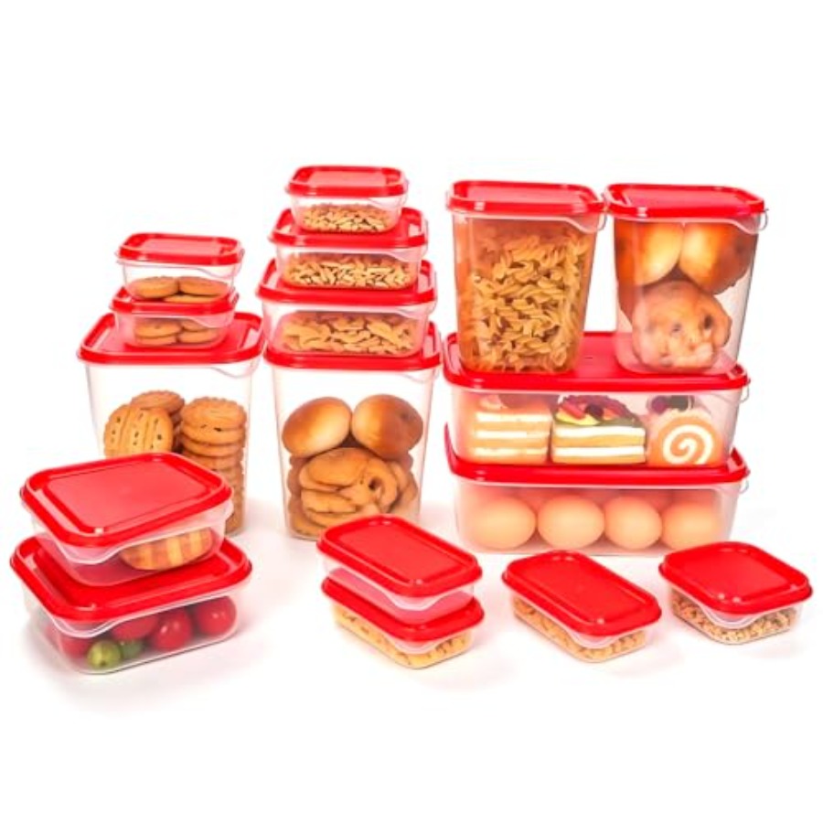 Meal Prep Food - 17-delige plastic voedselbewaarset, rode geventileerde deksels