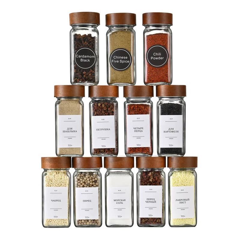 Spice Jar Labels - Set vierkante kruidenpotjes met houten deksel,