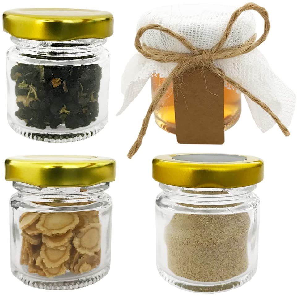Glazen potten met gouden dekse - Spice Jar Labels recensie en prijs